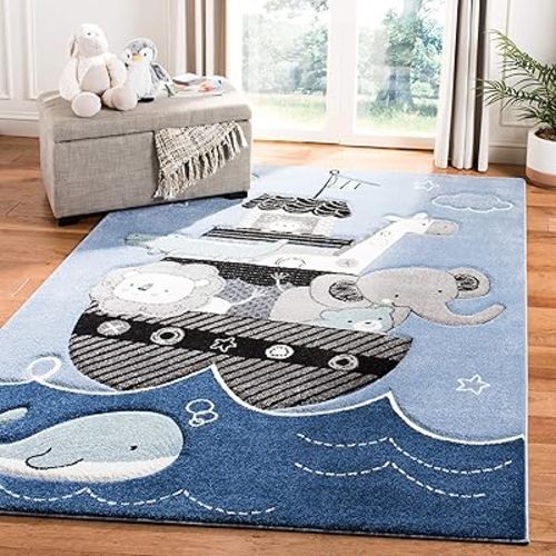 SAFAVIEH Carousel Kids Collection Area Rug - 5'3" Square, Blue & Grey, Animal Design, Non-Shedding & Easy Care, Ideal for High Traffic Areas for Boys & Girls in Playroom, Nursery, Bedroom (CRK121B)