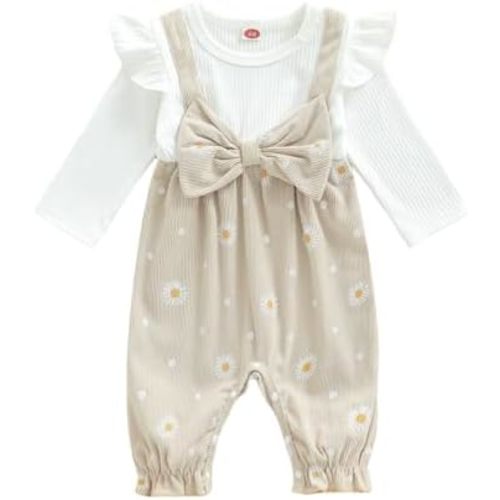 Newborn Baby Girl Fall Clothes Corduroy Floral Bow Onesie Jumpsuits Ruffle Long Sleeve Outfit Infant Cute Romper