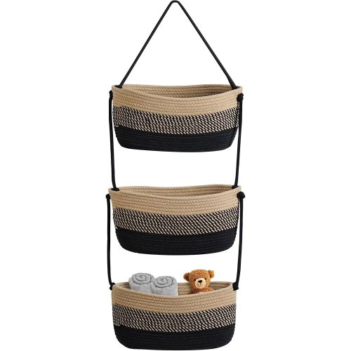 Over The Door Organizer Hanging Basket for Nursery Decor Stuffed Animal Storage Baskets Boho Wall Decor Basket for Bathroom Bedroom Playroom - Black&Beige
