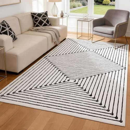 YIHOUSE Washable 5x7 Area Rugs for Living Room, Black and White Striped Rug for Bedroom Playroom Non Slip Low Pile, Soft Modern Geometric Carpet for Entryway Home Office Decor