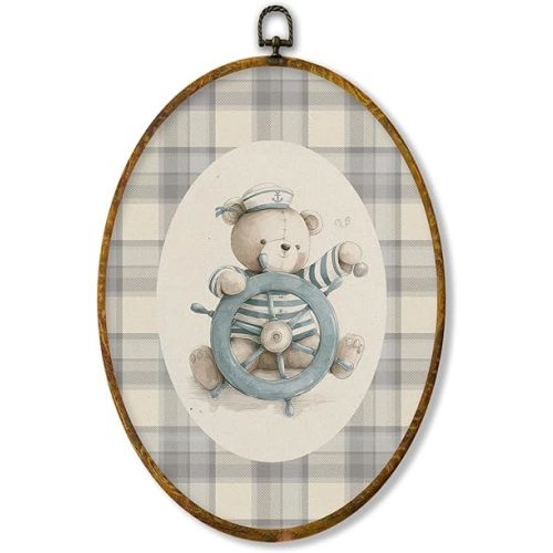 XPH Vintage Nautical Bear Oval Wall Art Framed, Kids Room Oval Wall Decor Accents, Neutral Gingham Ocean Bear Nautical Hanging Canvas Prints for Home Kids Boy Room Playroom Bedroom Decoration, 8.6x11.4 Inch