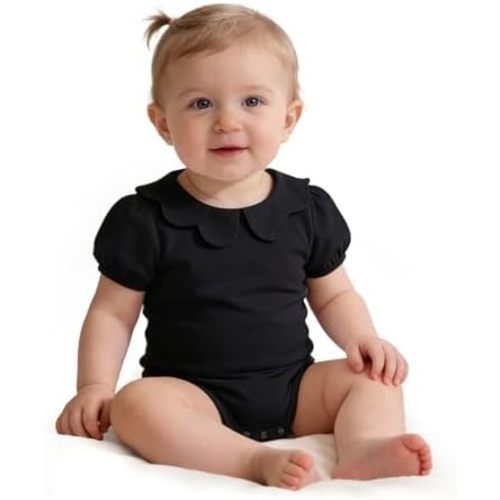LYSMuch 0-24Mo Baby Girls Peter Pan Collar Bodysuit Toddler Ruffle Romper Short Sleeve Solid Color Clothes
