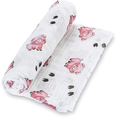 LollyBanks Muslin Swaddle Blankets for Boys and Girls, Large 47 x 47 Inches Baby Blanket, Soft and Breathable 100% Cotton Baby Receiving Blankets, Baby Essentials, Registry (Piggy Farm Theme)