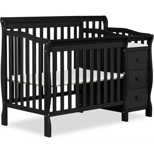 Dream On Me Jayden 4‑in‑1 Mini Convertible Baby Crib & Changer with Storage in Black, Pinewood, GreenGuard Gold & JPMA, 1” Mattress Pad, 3 Mattress Heights, Converts to Mini Day & Twin-Size Bed