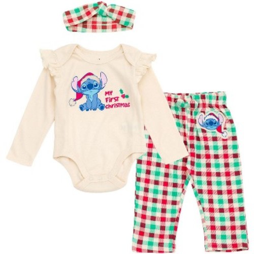 Disney Lilo & Stitch Christmas Newborn Baby Girls Bodysuit, Pants and Headband 3 Piece Outfit Set Gingham Cream Beige / Red / Green 0-3 Months