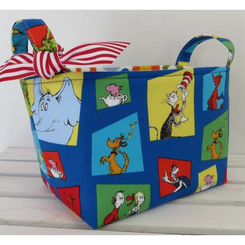 Cat in the Hat Multi-Color Squares Mosaic Fabric - Dr. Seuss - Organizer Container Bin Basket Bag - Red/ White Hat