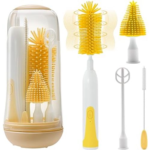 Electric Bottle Brush Cleaner, Portable Electric Baby Bottle Brush for Travel, Waterproof Electric Bottle Cleaner Set with Nipple & Straw Brush, Baby Bottle Brush Electric with Drying Rack, Yellow