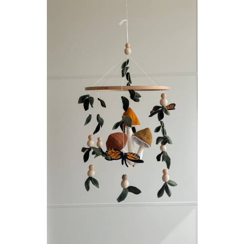 Monarch butterfly, Mushrooms Forest style baby crib mobile, Floral nursery baby mobile, Lighter and darker leaves Leaf crib mobile Butterfly