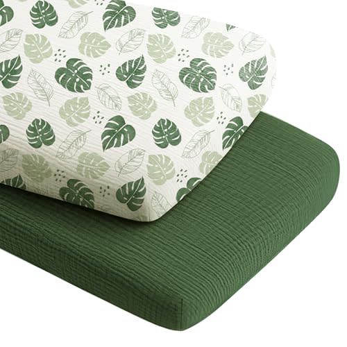 Konssy 2 Pack Muslin Bassinet Sheets for Boys, Girls, 100% Cotton Soft Breathable Fitted Bassinet Mattress Sheet, 33 x 21 inches (Sage Green,Leaf)
