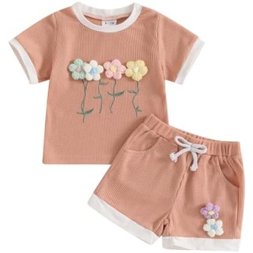 Baby Girl Clothes Waffled Flower Outfits Short Sleeve Round Neck Tops Rib Knit Shorts Toddler Girl Summer Clothes