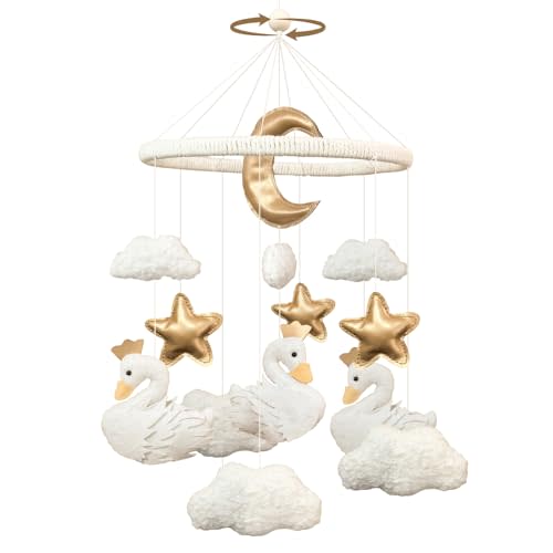 Teeloray Swan Baby Crib Mobile Boho Nursery Decor for Boys and Girls Handmade Cloud Baby Mobile for Crib Felt Princess Swan Nursery Room Decor for Infant Bassinet Boho Bedroom Hanging Newborn Gifts