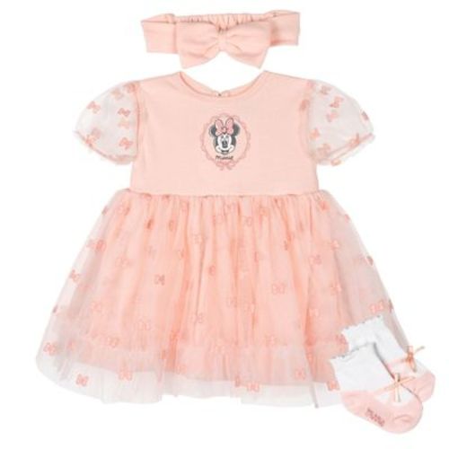 Disney Minnie Mouse Infant Baby Girls Mesh Dress, Headband and Socks 3 Piece Outfit Set Gossamer Pink 12 Months
