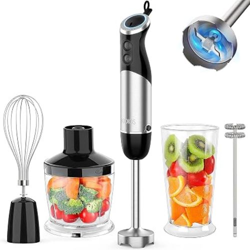 KOIOS 5-in-1 Hand Immersion Blender, 1000W 12 Speed Handheld Blender Stick with Copper Motor Stainless Steel Blade, 600ml Mixing Beaker,500ml Food Processor, Whisk, Milk Frother, Non-BPA, Red