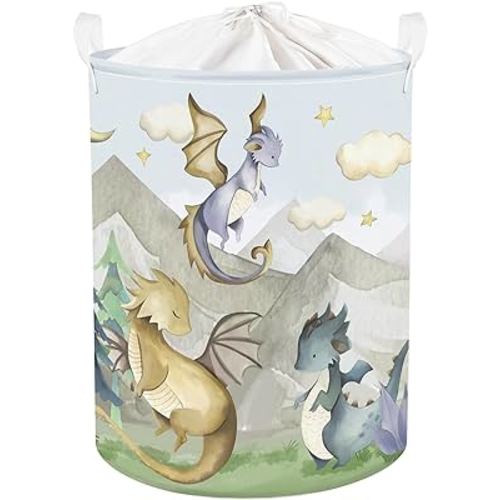 Clastyle 45L Kids Cute Dragon Nursery Hamper Mountain Tree Dirty Clothes Collapsible Laundry Basket Round Cloud Toys Storage Basket with Drawstring