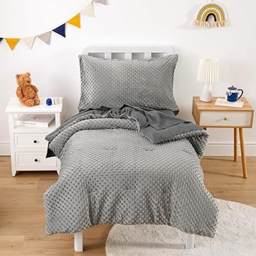 Wake In Cloud - Minky Dot Toddler Bedding Set for Boys Girls, 4 Pieces Soft Crib Bed Set Including Comforter, Sheets and Pillowcase, Reversible with Fleece and Microfiber, Gray