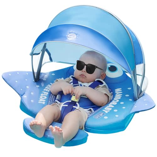 Mambobaby Float with Canopy UPF 50+ Sun Protection Pearl Foam Non-Inflatable Solid Baby Pool Float with Tail Mambo Float Swim Trainer Skin-Friendly Infant Swimming Ring
