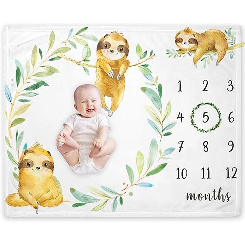 Yuzioey Sloth Milestone Blanket, Safari Baby Growth Chart Monthly Blanket, Watch Me Grow Sloth Baby Nursery for New Moms Shower(50"x40")