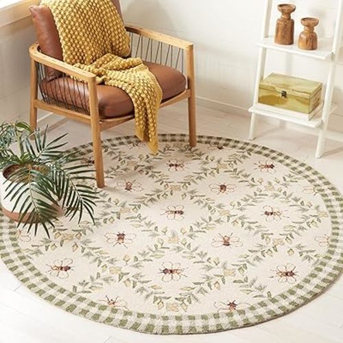SAFAVIEH Chelsea Collection 5'6" Round Ivory / Green HK55A Hand-Hooked French Country Wool Area Rug