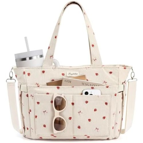 Bagstellar Corduroy Tote Bag for Women, 17 Pockets Laptop Work Tote Purse