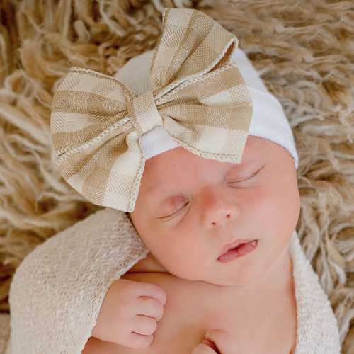 Newborn Hospital Hat: Rustic Plaid Bow, Double-Ply, Handmade USA