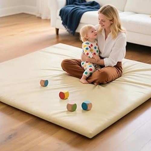 Baby Mat for Floor, Thick Soft Non-Toxic Vegan Leather Baby Play Mat, Waterproof Foam Play Mat, Padded Play Mat for Baby, 50x50 Playpen Mat, Infant Playmat for Baby Girls and Boys, Beige