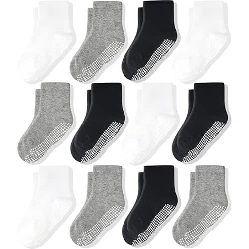CozyWay Baby & Toddler Socks With Grippers Non Slip Crew Grip Socks for Girls and Boys Soft Comfy Cotton - 12 Pack