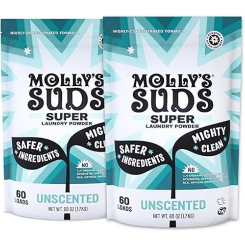 Molly's Suds Unscented Super Powder Detergent | Extra Strength Laundry Soap, Stain Fighting | Sensitive Skin | Simple, Effective Ingredients | 120 Loads Total (2 Pack)