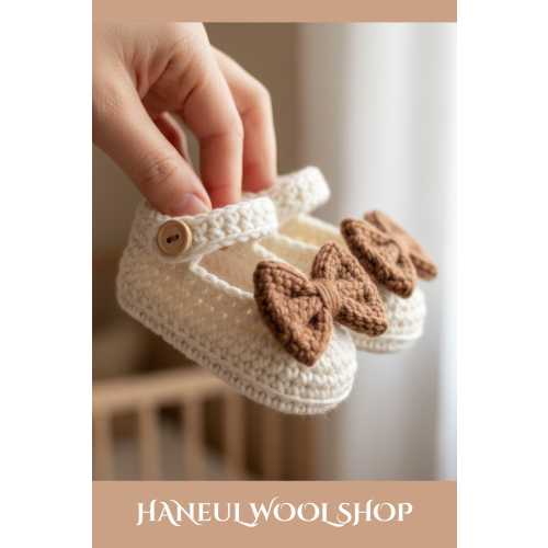 Crochet Baby Booties Beige Brown Bow | Handmade Infant Shoes | Soft Knitted Newborn Gift | Baby Shower Present