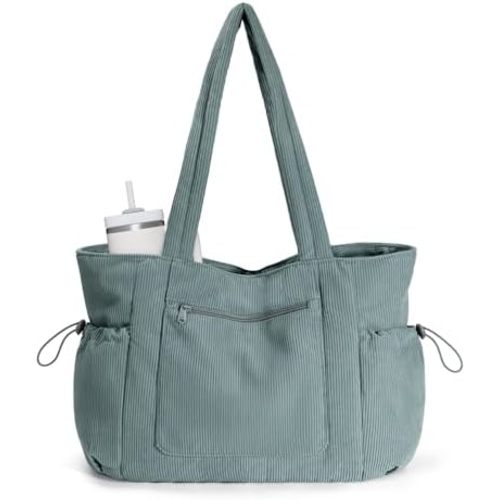 Large Corduroy Tote Bag for Women with Cup Holder & Luggage Sleeve & Laptop Compartment for Work Travel College Casual ECOHUB