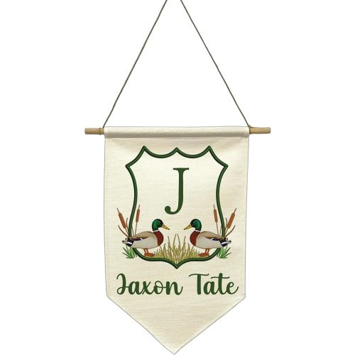 Personalized Banner with Ducks – Custom Name Wall Hanging for Baby Boy nursery – Woodland Mallard Nursery Decor