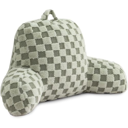 Holawakaka Checkered Reading Pillow for Sitting up in Bed, Lounging, Reading, Working on Laptop, Watching TV, Women Teens Kids Backrest Pillows with Arms, Sofa Couch Back Support Cushion,Green