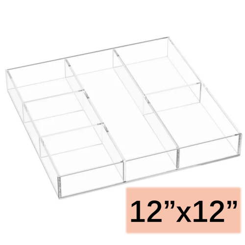 NIUBEE 6-Section Acrylic Drawer Organizer Clear Makeup Organizer Tray(11.8x11.8 inch), Multi-Purpose, Storage Solution for Makeup, Vanity, Desk, School, Office Supplies & More, for Bathroom, Kitchen