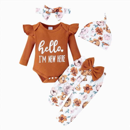 mgoYE Hello I'm New Here Newborn Outfit Baby Girl Going Home Outfit Ruffle Ribbed Romper Top Floral Pants Set Cute Fall Spring Clothes