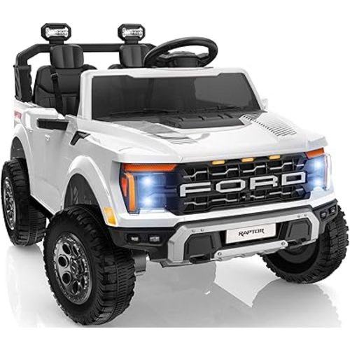 24V Kids Ride On Truck, Licensed Ford F-150 Raptor 2 Seater Electric Car w/Remote Control, Toddler Ride On Car Toys w/LED Lights, Bluetooth, Music, Truck Bed Storage, Soft Start (White)