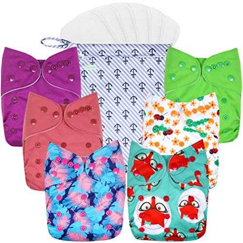 wegreeco Cloth Diapers 6 Pack with 6 Inserts & 1 Wet Bag, Washable Cloth Diapers for Babies, One Size Adjustable Reusable (Girl Prints + 1 Wet Bag)