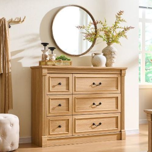 6 Drawer Dresser, Farmhouse 48" Wide Wooden Bedroom Dresser with Roman Column, Natural
