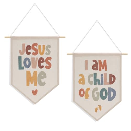 2 PCs Inspirational Bible Verse Boho Toddler Baby Room Nursery Wall Decor Christian Gifts for Boys Girls Kids Wall Hanging Pennant Flag Banner Playroom Bedroom Home Decor Wall Art Christian Decor