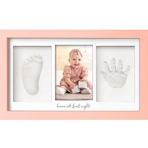Baby Hand and Footprint Kit - Clay Handprint Keepsake Frame, Newborn Nursery Picture Frame, Personalized New Mom Gifts for Baby Shower & Registry (Sweet Pink)