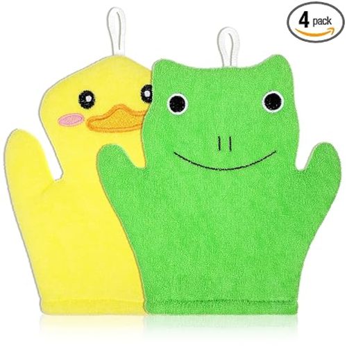 2 Pieces Baby Bath Mitt Washcloths Gloves, Microfiber Soft Washcloths for Kids Designed in Cute Animal Yellow Duck Frog Gentle Scrub for Baby Girl Boy Bath Shower