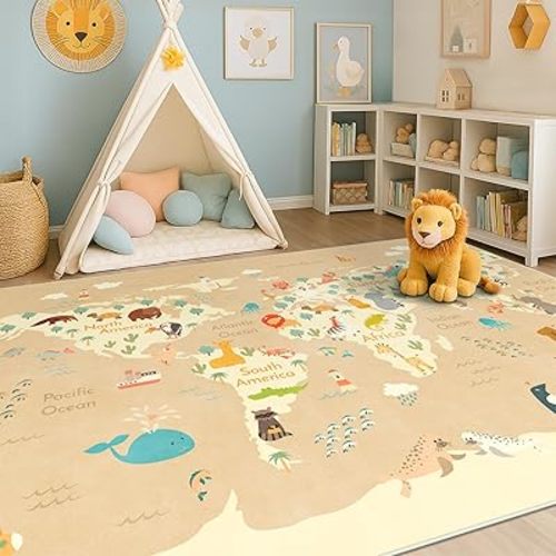 Washable Kids Rug for Playroom – 5x7 Toddlers Room Play Rug, Educational World Map Play Mat with Cute Animals – Non-Slip, Stain Resistant, Soft & Safe for Baby, Nursery, Kids Room, Bedroom - Beige