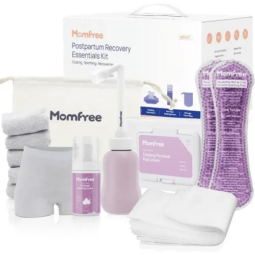 Postpartum Essentials Recovery Kit: Labor Delivery Post Partum 7 Pack Recovery Mom Care Set - Upside Down Peri Bottle | XL Disposable Underwear | Soothing Pads | Perineal Healing Foam | Canvas Bag