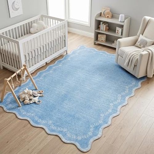 GarveeHome 4x6 Blue Scalloped Washable Area Rug for Nursery Room, Solid Floral Soft Bedroom Rug Non Slip Low Pile Small Carpet Stain Resistant Throw Rug for Dorm Kids Room Office Dining Room