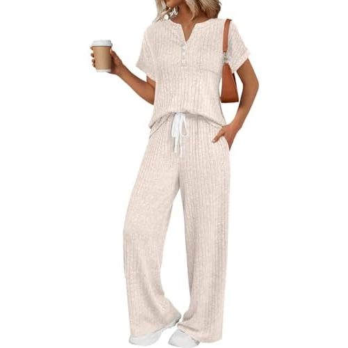LILLUSORY Women's 2 Piece Matching Lounge Sets Summer Henley Neck Wide Leg Pants Casual Sweat Suit