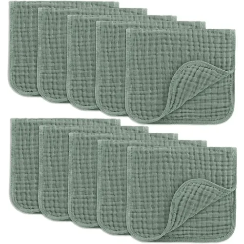 Comfy Cubs Muslin Burp Cloths 20" x 10", Pack of 10 - Large, 6-Layer, Ultra Absorbent 100% Cotton for Baby Drool and Messes - Soft, Safe & Gentle Baby Burp Cloths for Boys & Girls - Fern