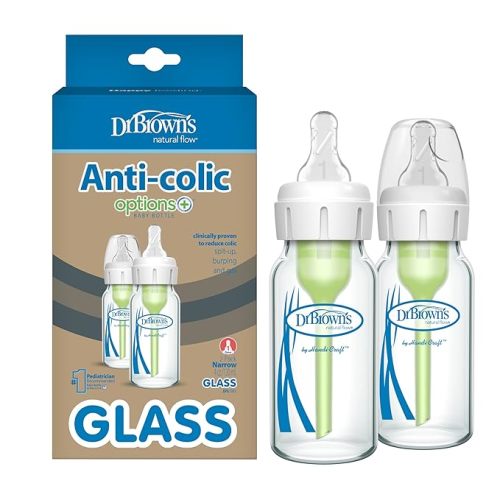 Dr. Brown's Natural Flow Anti-Colic Options+ Narrow Glass Baby Bottle 4 oz/120 mL, with Level 1 Slow Flow Nipple, 2 Pack, 0m+