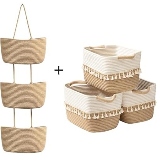 TeoKJ 3-Tier Woven Cotton Hanging Basket & Set of 3 Boho Storage Baskets for Books, Plants, Pet Treats