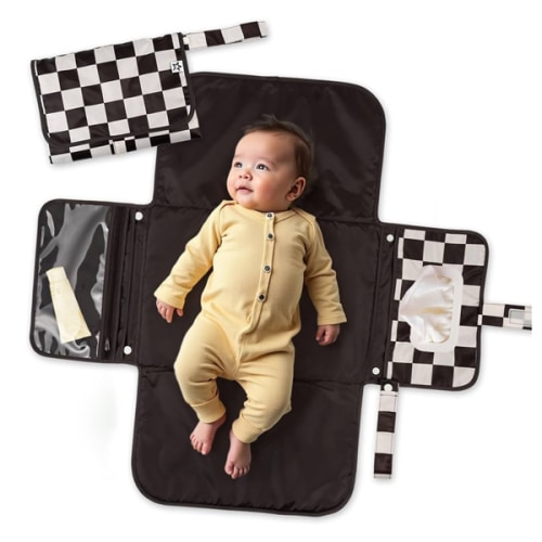 Tiny Twinkle Portable Diaper Changing Pad-Foldable Waterproof Changing Mat&Portable Changing Pad for Travel,Baby Changing Station with Smart Wipes Pocket&Storage (Black Checkers)