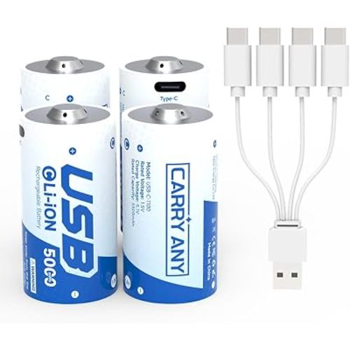 Rechargeable Lithium C Batteries 4 Pack, 1.5V C/lr14 Cell Batteries with USB-C Charging Cable, 5000mWh High Capacity, 1200+ Cycles Li-ion Battery for Flashlights, Toys, Clocks & More