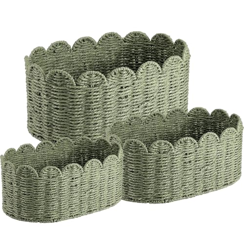 Newtay Scalloped Baskets Set of 3 for Organizing Sage Green Paper Rope Storage Baskets Shelves Handwoven Decorative Woven Bins for Shelves Closet Bathroom Living Room Nursery Bedroom