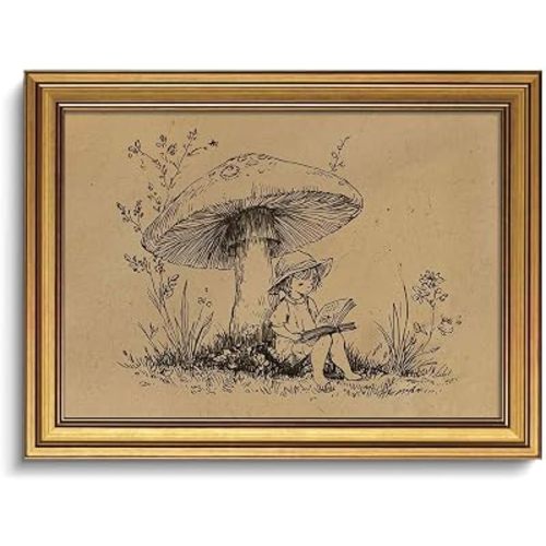 Gold Framed Woodland Girl Reading Under Mushroom Vintage Wall Art